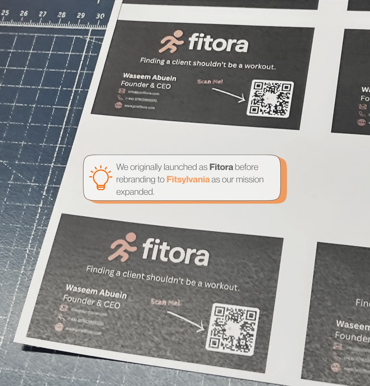 Hand-made business cards by our founder for a last-minute fitness event